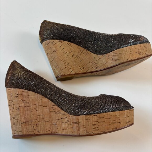 Stuart Weitzman Anna Corkswoon Glitter Wedge Heel Peep Toe Pumps Size 9 - Picture 5 of 9